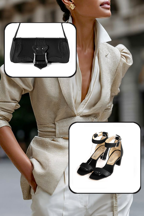 Dress sandals ankle strap in satin black leather with medium comma heels and square toe - Worn view
